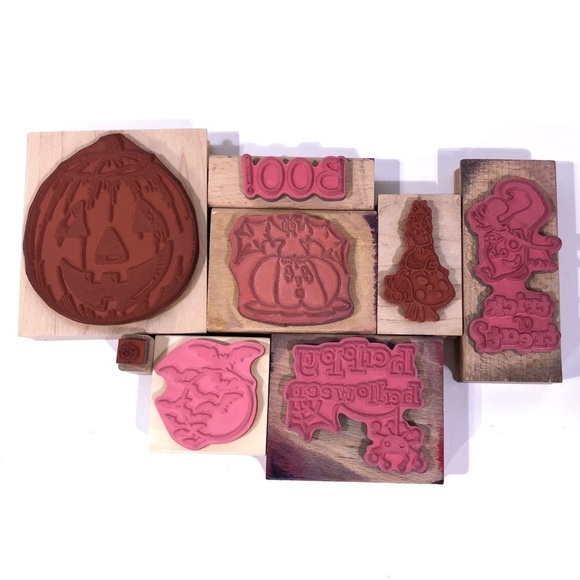 Halloween Wood Rubber Stamp Huge Lot of 8 Witch Pumpkin Bats Boo - Picture 4 of 4